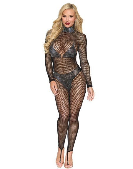 Bodystocking en résille grosse maille et finition strass 