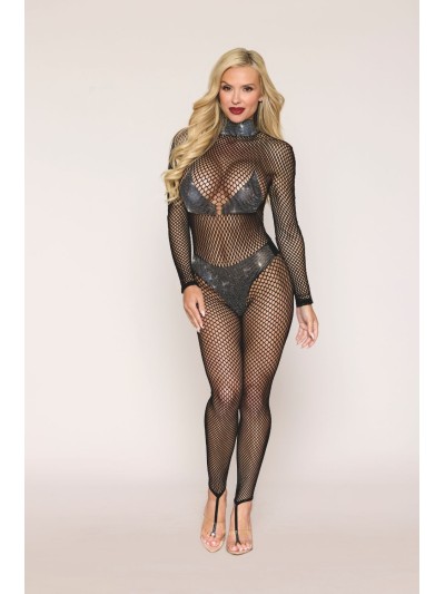 Bodystocking en résille grosse maille et finition strass 