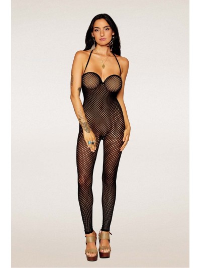 Bodystocking en résille noire, sans couture, avec large décolleté à armature  