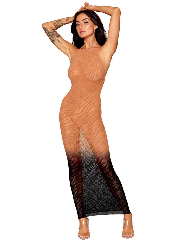 Robe bodystocking avec motifs zèbre, aux couleurs cuivrées 