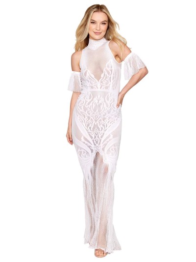 Robe bodystocking en résille et dentelle blanche 