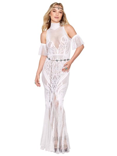 Robe bodystocking en résille et dentelle blanche 