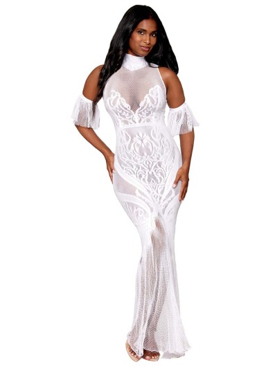 Robe bodystocking en résille et dentelle blanche 