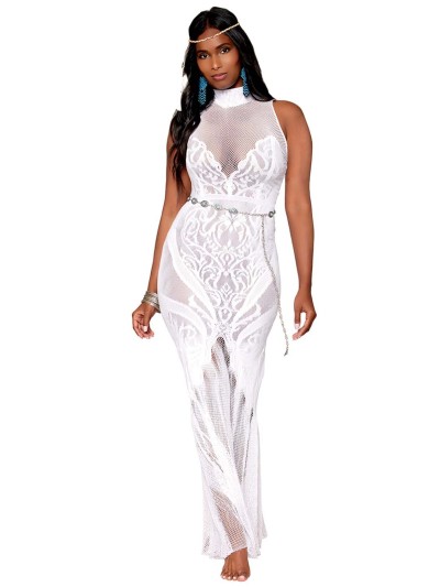 Robe bodystocking en résille et dentelle blanche 