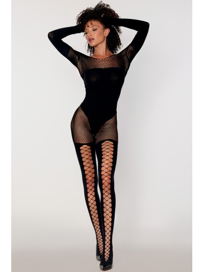 Bodystocking manches longues effet body et bas noir 