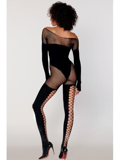 Bodystocking manches longues effet body et bas noir 