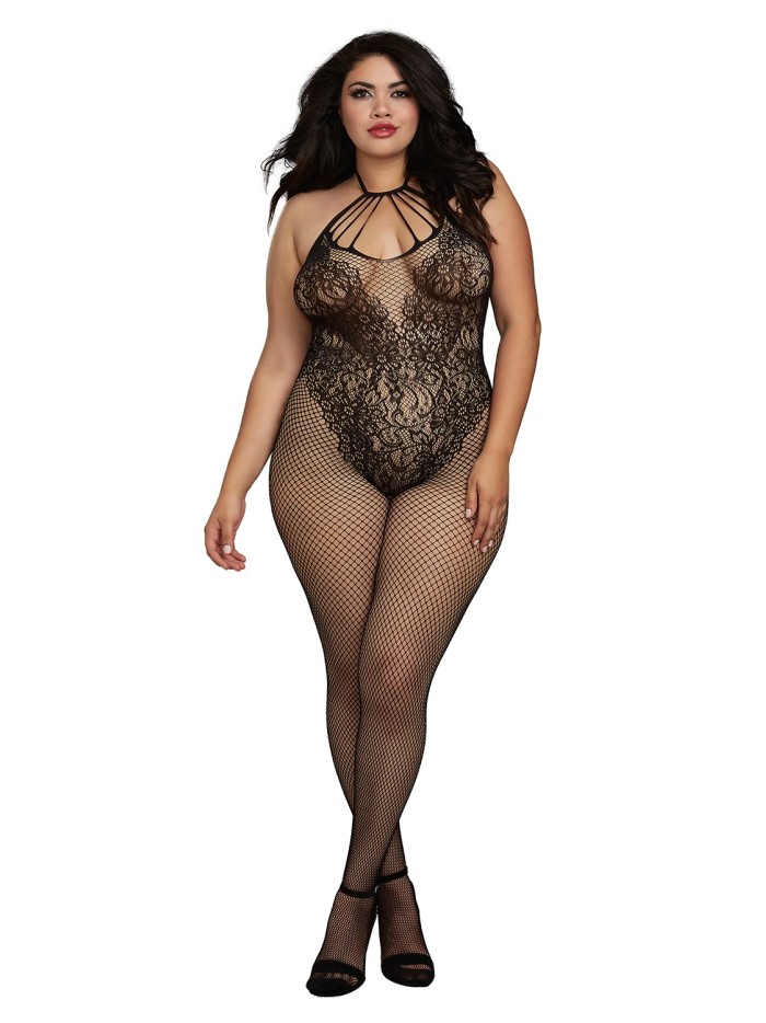 Bodystocking Grande taille résille dans un style Body avec magnifique décolleté à lanières 