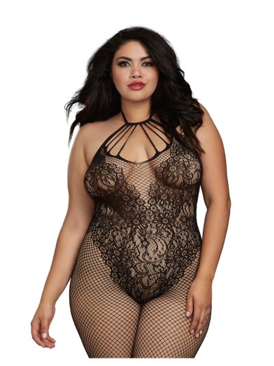 Bodystocking Grande taille résille dans un style Body avec magnifique décolleté à lanières 