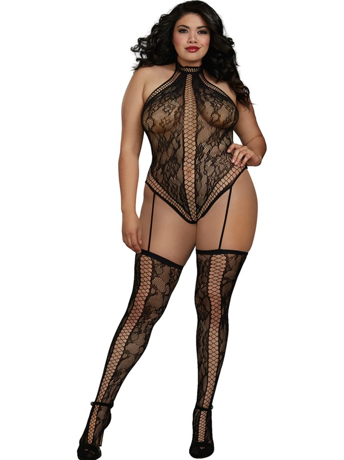 Combinaison Grande Taille dans un style Body string en dentelle avec des détails croisés 