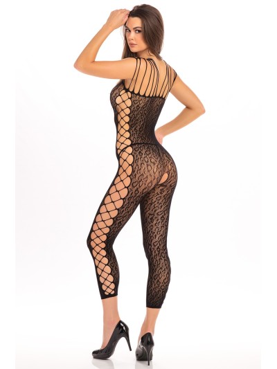 Combinaison noir, imprimé léopard, ouvert à l'entrejambe 