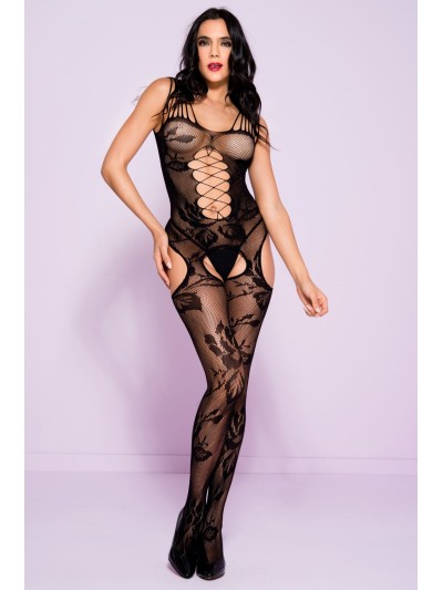 Bodystocking en résille noire imprimé floral 