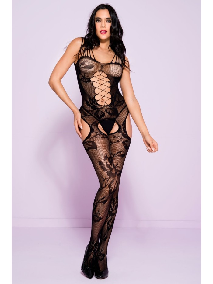 Bodystocking en résille noire imprimé floral 