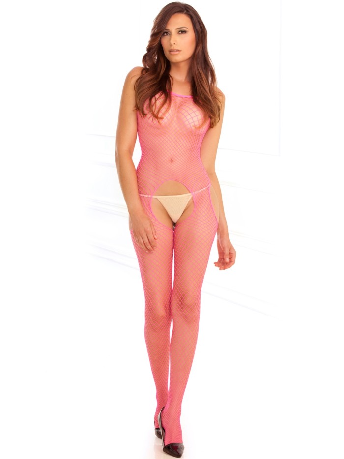 Bodystocking rose filet ouvert devant et derrière 