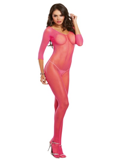 Bodystocking rose fluo résille ouvert à l'entre-jambes 