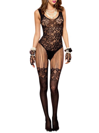 Bodystocking dentelle noire effet bas sexy et jarretelles fils 