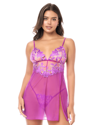 Babydoll sexy en résille brodée florale et string 