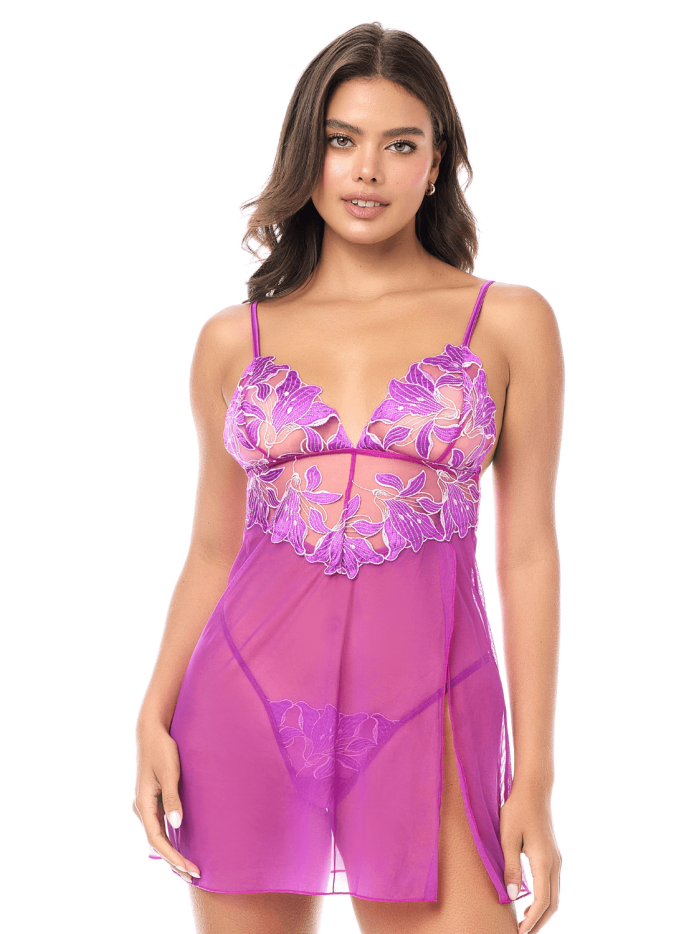 Babydoll sexy en résille brodée florale et string 