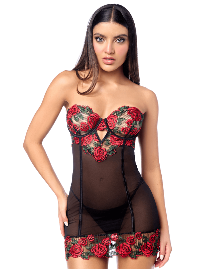 Babydoll sexy à armatures Mapalé broderie roses et string 