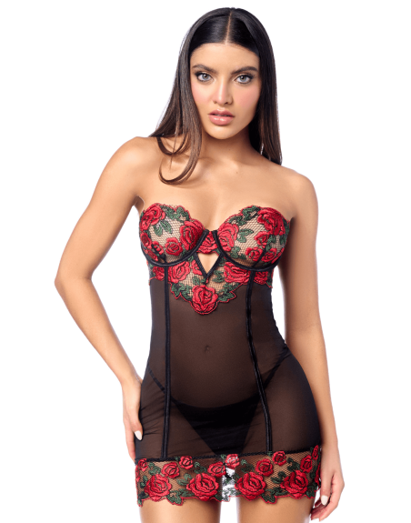 Babydoll sexy à armatures Mapalé broderie roses et string 