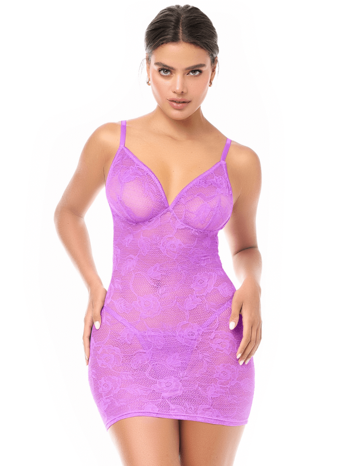 Babydoll dentelle extensible violette et string 