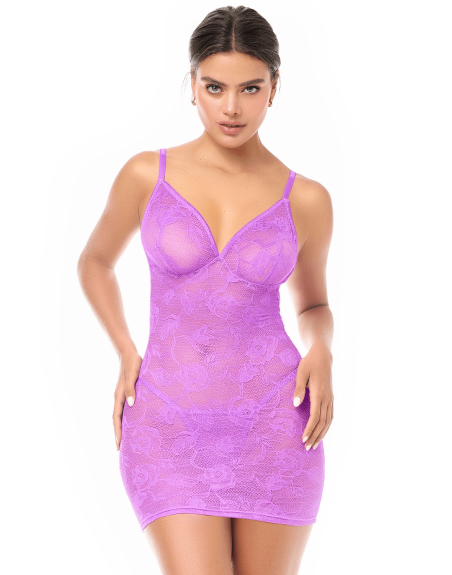 Babydoll dentelle extensible violette et string 