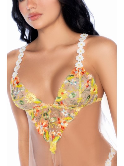 Nuisette transparente brodée jaune et string 
