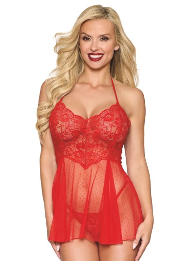 Nuisette rouge en résille et dentelle florale, string assorti 