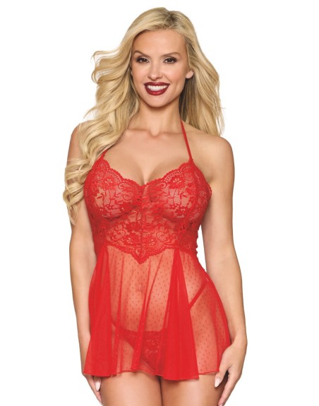 Nuisette rouge en résille et dentelle florale, string assorti 