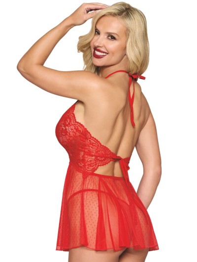Nuisette rouge en résille et dentelle florale, string assorti 