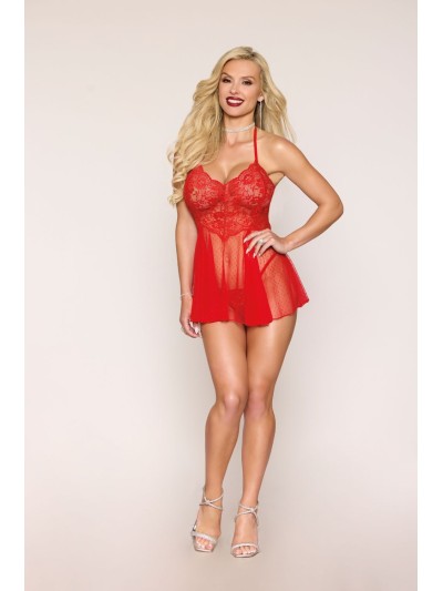 Nuisette rouge en résille et dentelle florale, string assorti 
