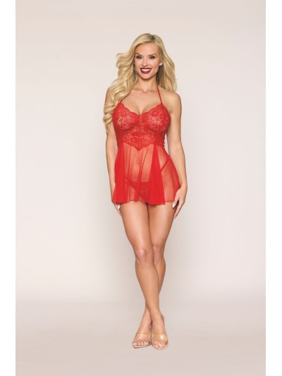 Nuisette rouge en résille et dentelle florale, string assorti 