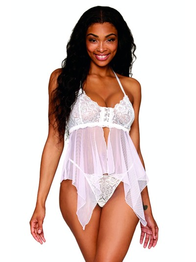 Babydoll et string en résille et dentelle blanche 