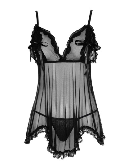 Nuisette en résille et dentelle noire avec string 