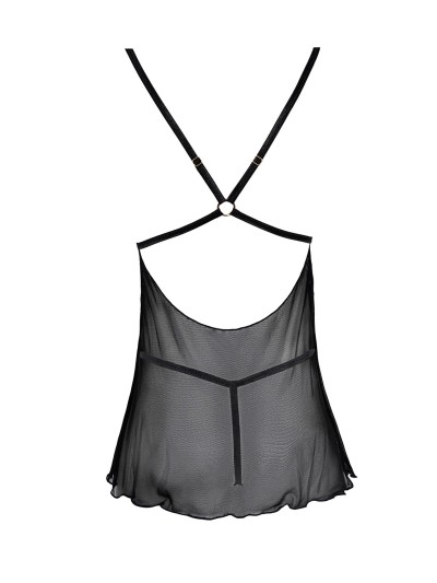 Nuisette noire en dentelle et résille transparente avec string 