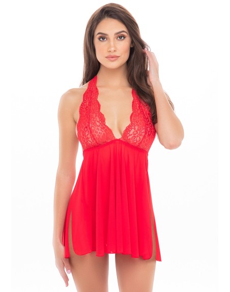 Nuisette rouge col échancré, dos nu et string assorti 