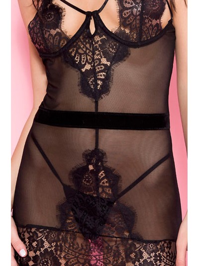 Nuisette noire tulle dentelle poitrine dénudée ornements 