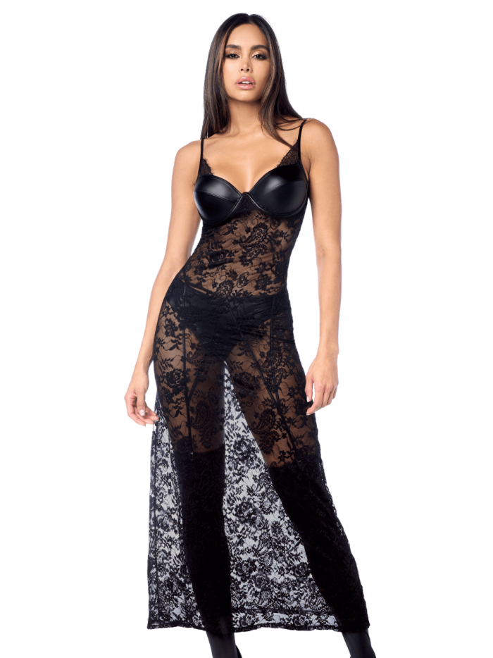 Robe longue sexy en dentelle  cuir avec string et porte-jarretelles 