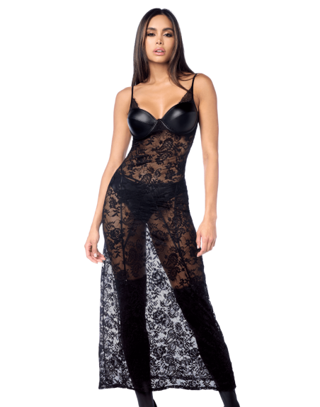 Robe longue sexy en dentelle  cuir avec string et porte-jarretelles 