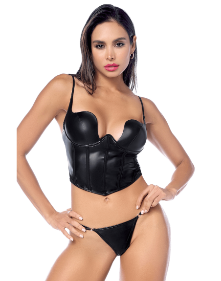 Ensemble sexy 2 pièces noir en similicuir avec bustier à armatures 
