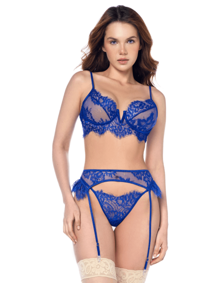 Ensemble sexy 3 pièces bleu intense avec dentelle effet cils 
