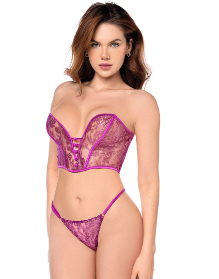 Ensemble sexy 2 pièces bustier  string en dentelle satinée 