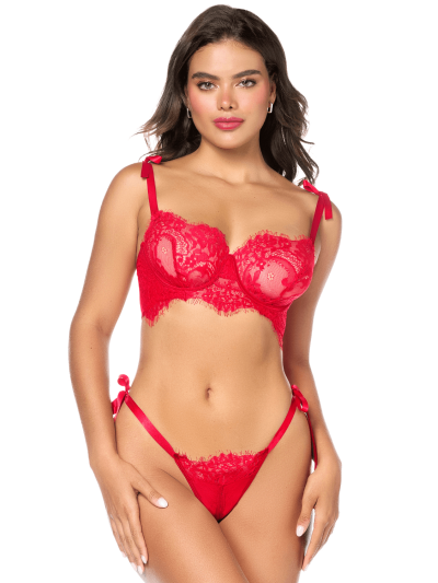 Ensemble sexy 2 pièces en dentelle avec liens à nouer et string 