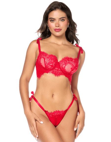 Ensemble sexy 2 pièces en dentelle avec liens à nouer et string 