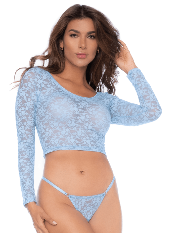 Ensemble 2 pièces en dentelle bleue pastel, crop top et string 