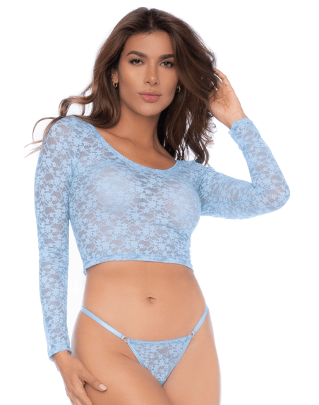 Ensemble 2 pièces en dentelle bleue pastel, crop top et string 