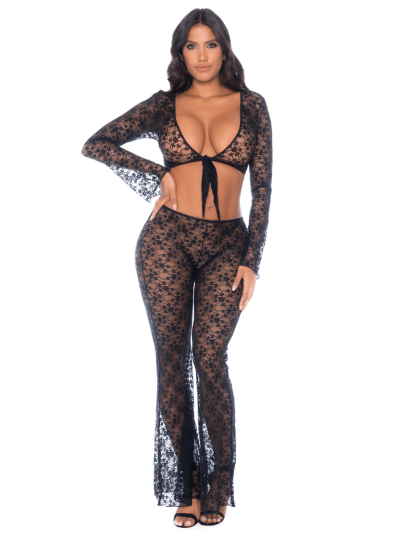 Top et pantalon en dentelle florale noire 