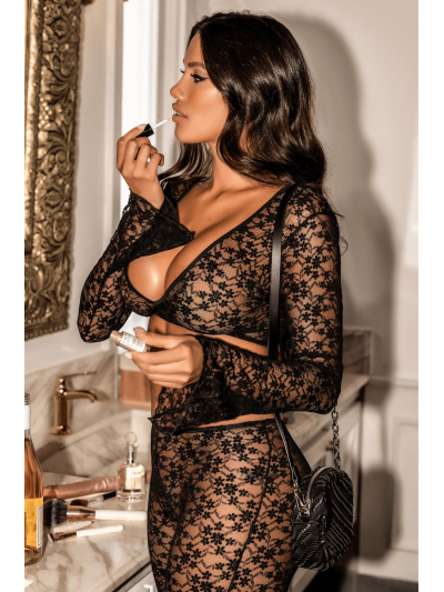 Top et pantalon en dentelle florale noire 