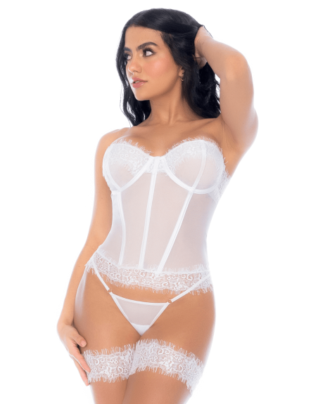 Ensemble 4 pièces blanc, bustier, string et 2 jarretières 
