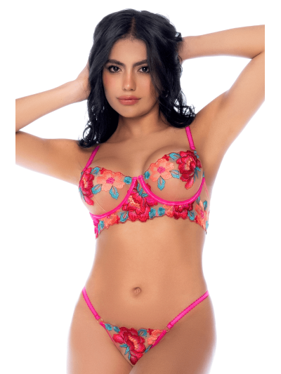 Ensemble 2 pièces résille brodée rose et bleue, soutien gorge et string 