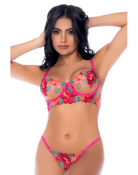 Ensemble 2 pièces résille brodée rose et bleue, soutien gorge et string 